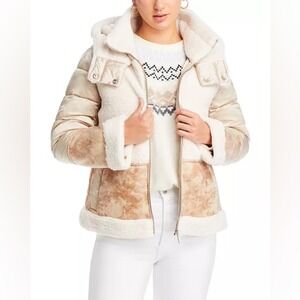 French Connection Faux Shearling Faux Leather Puffer Jacket Cream Tan Hood Large